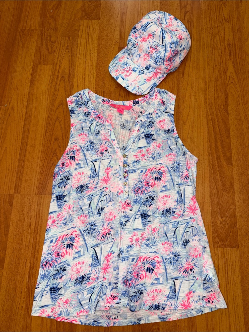 Lilly Pulitzer Pink & Blue Floral Sleeveless Henley with Matching Cap